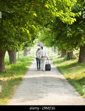 Coppia giovane a piedi con la valigia e baciare Foto Stock