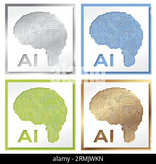 Set di illustrazioni sull'intelligenza artificiale Vector Concept isolato su uno sfondo bianco. Illustrazione Vettoriale