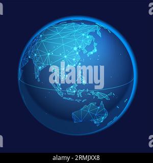 Illustrazione del concetto del sistema di rete globale. Cina, Asia orientale, Australia-Centered Map. Icona Blue Planet Sphere su sfondo scuro. Illustrazione vettoriale Illustrazione Vettoriale
