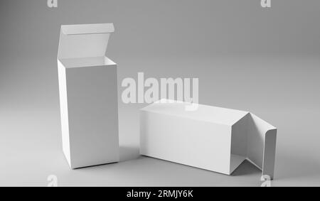 Mockup con scatola bianca vuota, rendering 3D isolato su sfondo grigio Foto Stock