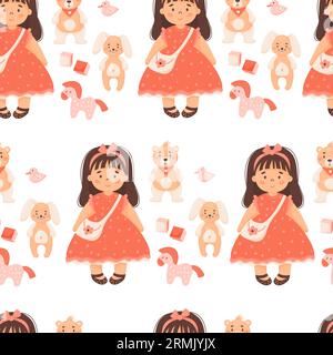 Simpatico motivo per bambini senza cuciture. Giocattoli per bambini. Graziosa bambola in abito rosso con peluche orsacchiotto e coniglio, cavallo, cubetti e anatra su sfondo bianco Illustrazione Vettoriale