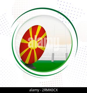 Bandiera della Macedonia del Nord sulla palla di rugby. Icona del rugby rotondo con bandiera della Macedonia del Nord. Illustrazione vettoriale. Illustrazione Vettoriale