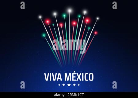 Banner 16 settembre giorno dell'indipendenza del messico, fuochi d'artificio messicani su sfondo cielo scuro. Fuochi d'artificio, bandiera. Festa Nazionale 16 settembre. Indipendenza Illustrazione Vettoriale