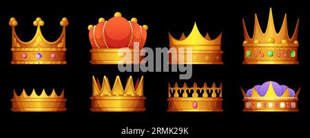 Golden Crown Collection. Corone reali di cartoni animati con gioielli, nobiltà di lusso incoronazione con copricapo in stile piatto. Insieme vettoriale isolato di illustrazione della corona reale Illustrazione Vettoriale