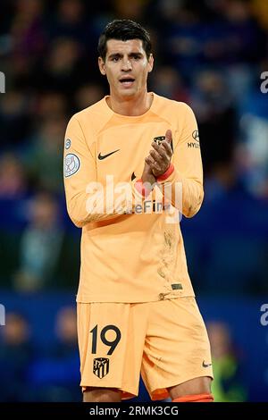 Valencia, Spagna. 18 gennaio 2023. Alvaro Morata dell'Atletico de Madrid reagisce durante la Copa del Rey Round of 16 match tra Levante UD e Atletico de Madrid all'Estadi Ciutat de Valencia, 18 gennaio 2023, Valencia, Spagna. (Foto di David Aliaga/NurPhoto) credito: NurPhoto SRL/Alamy Live News Foto Stock