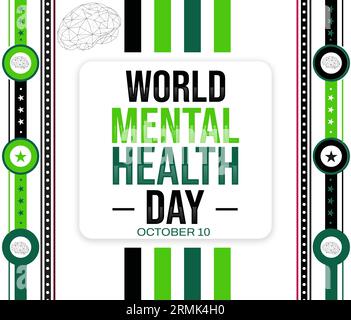 Il 10 ottobre è giornata mondiale della salute mentale, design di sfondo in colore verde con struttura a reticolo cerebrale e tipografia al centro Foto Stock