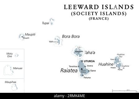 Leeward Islands, mappa politica grigia. Parte occidentale delle Isole della società nella Polinesia francese. Collettività d'oltremare della Francia nel Pacifico meridionale. Foto Stock