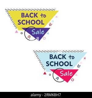 Adesivi Back to School in stile Memphis con trapezoidale, triangolo e punteggi Illustrazione Vettoriale