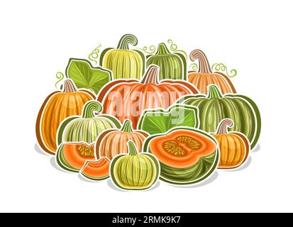 Logo vettoriale per zucche, poster decorativo orizzontale con disegno cartoni animati zucca e composizione vegetariana kabocha, stampa vegana con balena diversa Illustrazione Vettoriale