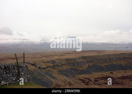 Pen-y-ghent innevato da Sulber Gate on Thieves Moss in inverno, Yorkshire Dales National Park, Inghilterra, Regno Unito. Foto Stock