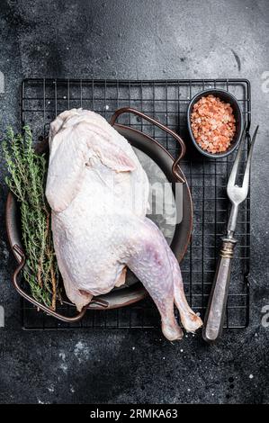 Faraona cruda, faraona con erbe aromatiche in vassoio di acciaio Sfondo nero. Vista dall'alto. Foto Stock