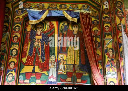 Etiopia Lago Tana Zege Peninsula, murales, nella Chiesa Cristiana di Ura Kedane Meheriet Foto Stock