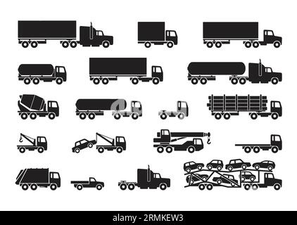 varie semplici silhouette di camion set vista laterale simbolo vettore isolato su sfondo bianco Illustrazione Vettoriale