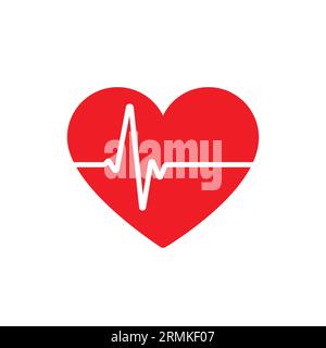 cuore d'amore rosso chiaro con battito cardiaco cardiogramma simbolo san valentino icona vettore isolato su sfondo bianco Illustrazione Vettoriale