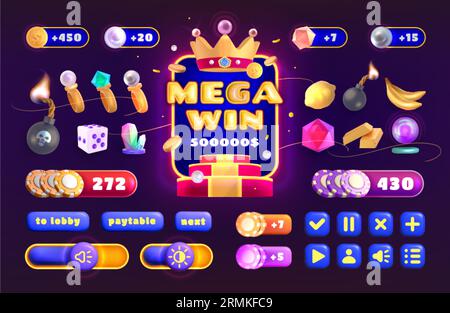 Icona del casinò per il gioco d'azzardo interfaccia di gioco set di elementi cartoni animati. Pulsanti e icone per la collezione di giochi slot. Progettare elementi dell'interfaccia, barre di avanzamento e simboli fortunati per il vettore dell'app di gioco mobile. Illustrazione Vettoriale