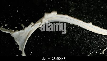 Esplosione del latte su sfondo nero Foto Stock