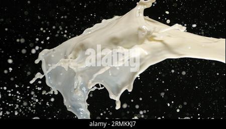 Esplosione del latte su sfondo nero Foto Stock