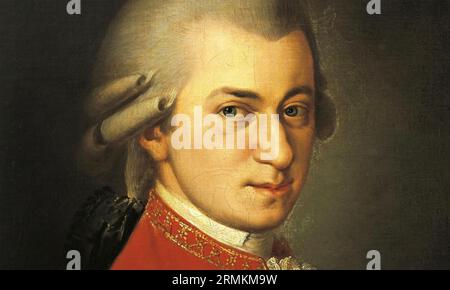 WOLFGANG AMADEUS MOZART (1756-1791) musicista e compositore nato a Salisburgo in un dettaglio dal dipinto postumo di Barbara Kraft nel 1819 baes su un ritratto del 1781. Foto Stock