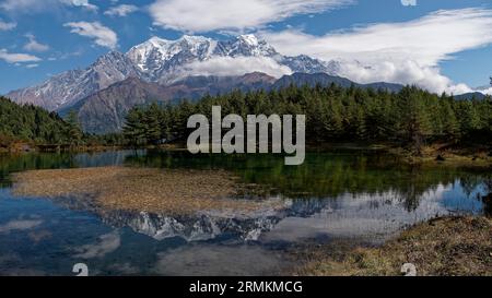 Lago Sekong con massiccio del Nilgiri sullo sfondo, Nilgiri Sud 6839 m, riflesso delle cime nell'acqua, foglie colorate che fluttuano sul Foto Stock