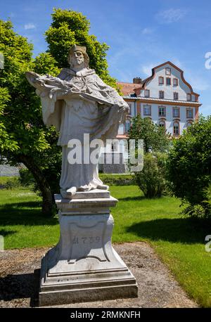 Statua di un santo di fronte al castello Neuhaus am Inn, Neuhaus, bassa Baviera, Baviera, Germania, Austria Foto Stock