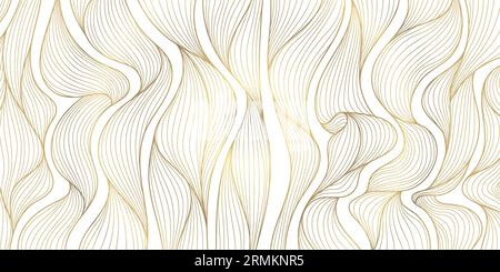 Carta da parati Vector abstract lusso oro, linea ondulata arte sfondo, nastri dinamici. Design di linea per interni, motivi tessili, texture Illustrazione Vettoriale
