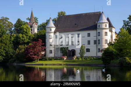 Colpo di drone, castello rinascimentale, castello di Hagenau, estuario di Mattig, Sankt Peter am Hart, Innviertel, alta Austria, Austria Foto Stock