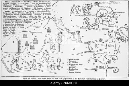 Mappa dei Tatarei, dopo un atlante del XIII secolo, biblioteca della cattedrale di Hereford, India, deserti, Mar Caspio, animali selvatici, tigri, montagne, mangiatori di uomini Foto Stock