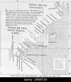 La più antica mappa del viaggio di Fernando Magellan, navigatore ed esploratore portoghese, Oceano Pacifico, costa del Sud America, stretto di Magellano, Terra Foto Stock