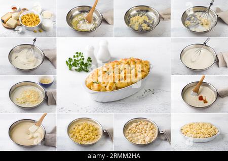 Cucinare Mac e formaggio, pasta americana in salsa di formaggio, collage, passo dopo passo, fai da te, ingredienti, fasi di cottura, piatto finale su un grigio chiaro Foto Stock