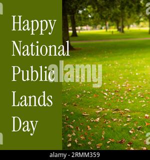 Composito di felice testo del giorno nazionale delle terre sugli alberi nel parco Foto Stock