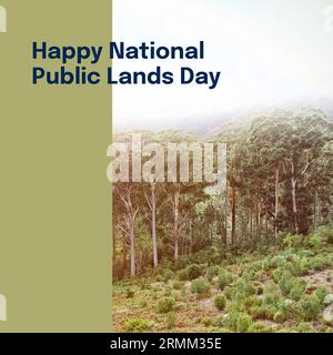 Composito di testo felice della giornata nazionale delle terre pubbliche sul paesaggio Foto Stock