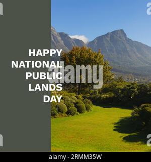 Composito di testo felice della giornata nazionale delle terre pubbliche sul paesaggio Foto Stock