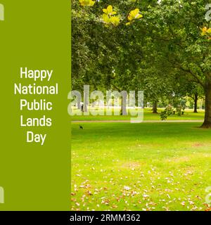 Composito di felice testo del giorno nazionale delle terre sugli alberi nel parco Foto Stock
