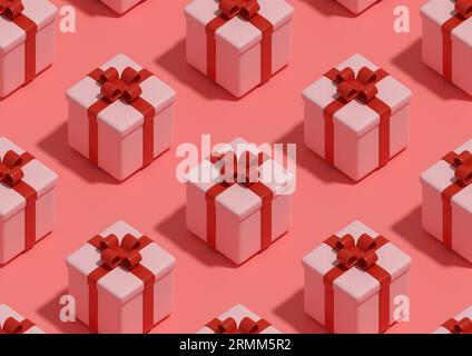 Motivo isometrico senza cuciture di scatole regalo rosa. illustrazione 3d. Foto Stock