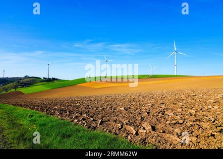 Mulino a vento contro un cielo blu e con un campo in primo piano. Generazione di energia attraverso l'energia eolica. Foto Stock
