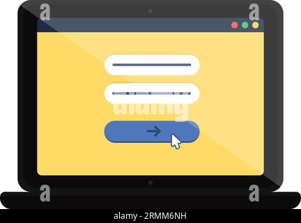 Pagina di autenticazione inserimento del sito Web di login e password sul laptop portatile con frame. Menu della pagina Web sullo schermo del gadget digitale. Vettore piatto semplice i Illustrazione Vettoriale