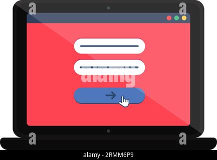 Menu della pagina Web sullo schermo del gadget digitale. Pagina di autorizzazione immissione del sito Web di accesso e password su laptop portatile con cornice nera. Veicolo piatto semplice Illustrazione Vettoriale