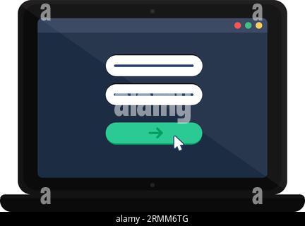Autorizzazione del menu della pagina Web sullo schermo del gadget digitale. Pagina di accesso e password del sito Web sul laptop portatile con cornice nera. Veicolo piatto semplice Illustrazione Vettoriale
