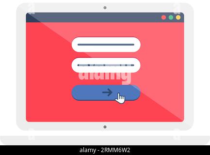Avviare il menu di autorizzazione sullo schermo del gadget digitale. pagina di inserimento del sito web di accesso e password sul laptop portatile con cornice grigia. Vettore piatto semplice Illustrazione Vettoriale