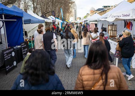 turista al mercato agricolo, al mercato salamanca di hobart, australia Foto Stock