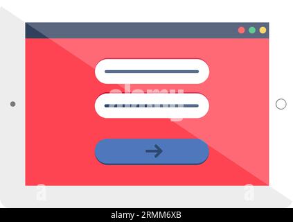 Interfaccia del menu di autorizzazione per l'inserimento del sito Web di accesso e password nel tablet con cornice bianca. Pagina Internet sullo schermo del dispositivo digitale. Piatto semplice Illustrazione Vettoriale