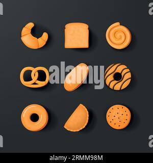 Icona dei prodotti da forno in un design 3d realistico. pane, ciambelle o biscotti. Illustrazione Vettoriale
