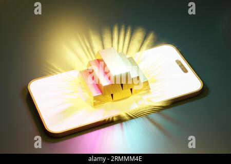 Illustrazione 3D, vecchia barra sullo schermo dello smartphone. Acquisto e vendita dell'oro crescita del mercato dell'oro e investimenti. Foto Stock