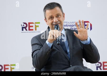 Parigi, Francia. 29 agosto 2023. Parigi, Francia, 29 agosto 2023. Il CEO di EDF Luc Remont partecipa a un incontro degli imprenditori francesi (REF) organizzato dall'associazione francese dei datori di lavoro Movement of the Enterprises of France (MEDEF) presso l'ippodromo di Longchamp a Parigi, il 29 agosto 2023. Foto di Raphael Lafargue/ABACAPRESS.COM Credit: Abaca Press/Alamy Live News Foto Stock