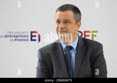 Parigi, Francia. 29 agosto 2023. Parigi, Francia, 29 agosto 2023. Il CEO di EDF Luc Remont partecipa a un incontro degli imprenditori francesi (REF) organizzato dall'associazione francese dei datori di lavoro Movement of the Enterprises of France (MEDEF) presso l'ippodromo di Longchamp a Parigi, il 29 agosto 2023. Foto di Raphael Lafargue/ABACAPRESS.COM Credit: Abaca Press/Alamy Live News Foto Stock