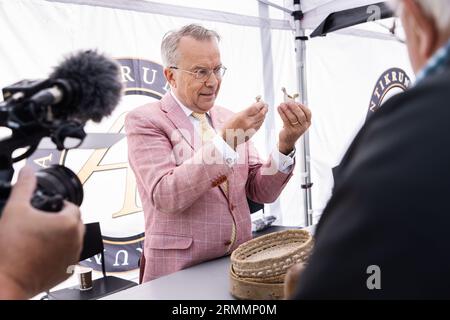 Knut Knutson, esperto di antiquariato, durante la registrazione dello show televisivo "Antikrundan" di Sveriges Television a Motala, Svezia, martedì. Quest'estate, il programma televisivo di Sveriges Antikrundan va in tour annuale per la 35esima volta e visita diverse città in tutta la Svezia. Antikrundan è la versione svedese del formato originale della BBC Antiques Roadshow. Lo spettacolo visita diversi luoghi in Svezia e permette alle persone di portare i loro oggetti d'antiquariato per essere valorizzati dagli esperti. Foto Stock