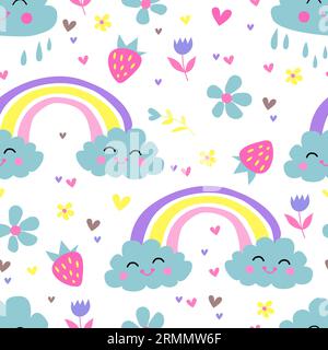 Grazioso motivo arcobaleno senza cuciture. Arcobaleno vettoriale disegnato a mano in cartone animato stile piatto per bambini che avvolgono carta, tessuto, carta da parati, stampe, tessuto. Illustrazione Vettoriale