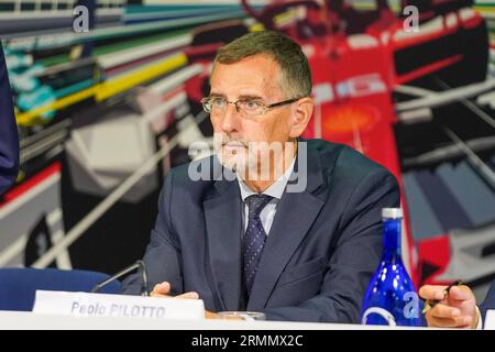 Monza, Italia. 29 agosto 2023. Paolo Pilotto, sindaco della città di Monza, durante la conferenza stampa di presentazione Formula 1 Pirelli Gran Premio d'Italia 2023 il 29 agosto 2023 a Monza, Italia. Durante il GP di Formula 1 2023 Gran Premio di Pirelli, Gran premio d'Italia - Conferenza stampa, Campionato di Formula 1 a Monza, Italia, agosto 29 2023 crediti: Agenzia fotografica indipendente/Alamy Live News Foto Stock