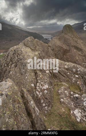 Vista di Moel Siabod e Llynnau Mymbyr da Y Pincin, Capel Curig, Cymru, Regno Unito Foto Stock