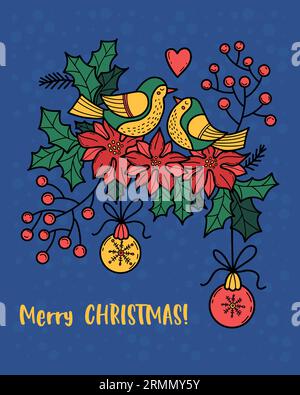 Buon Natale biglietto d'auguri romantico. Un paio di uccellini d'amore con bacche, fiori di poinsettia, holly e palline di Natale su sfondo blu. Vert. Vettoriale Illustrazione Vettoriale